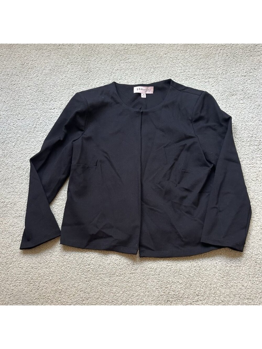 Philosophy Womens Jacket Black Collarless Cropped Blazer Open Front Size XS